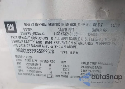 2009 Saturn Vue Xr4 z USA, uszkodzony, nr VIN 3GSCL53PX9S592673